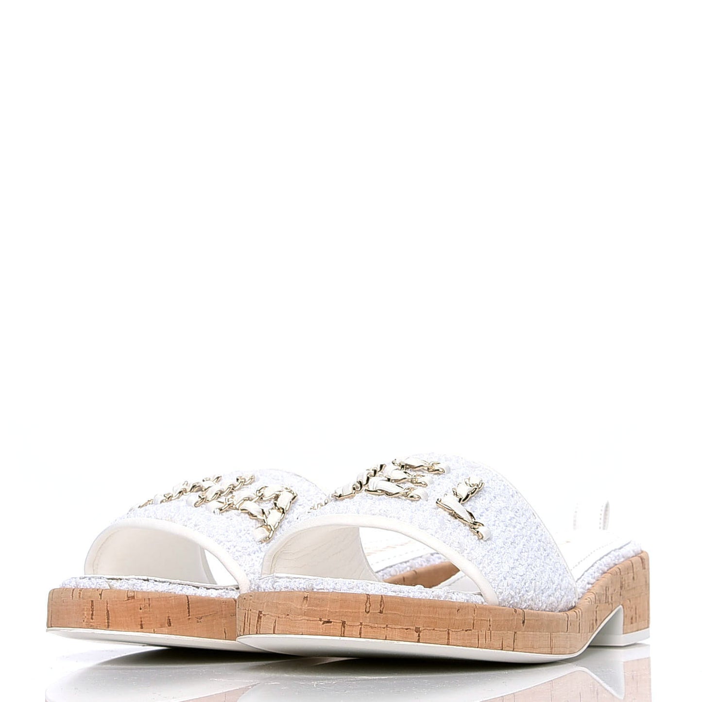 Tweed Cork CC Chain Mule Sandal 39.5 White