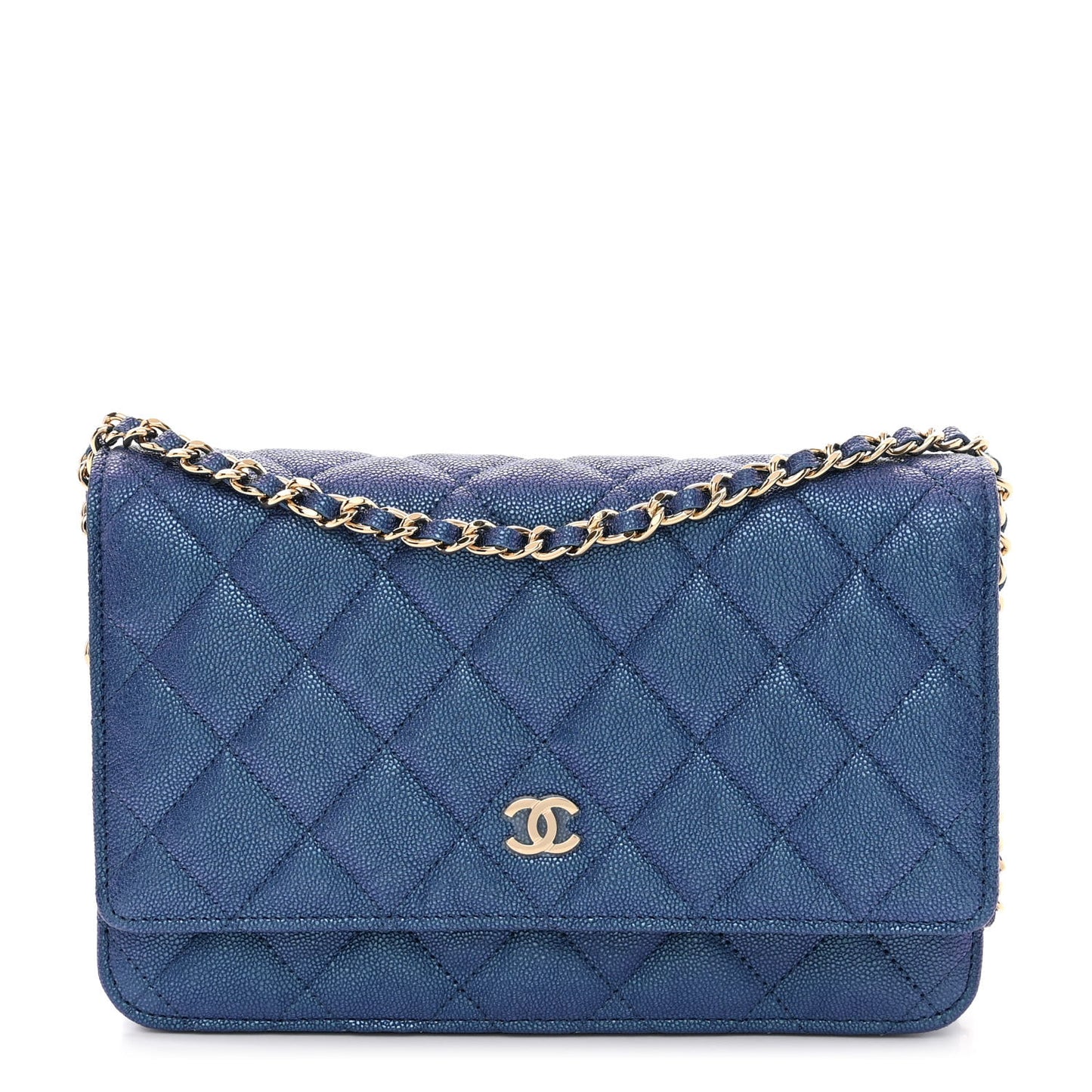 Iridescent Caviar Quilted Wallet on Chain WOC Dark Blue