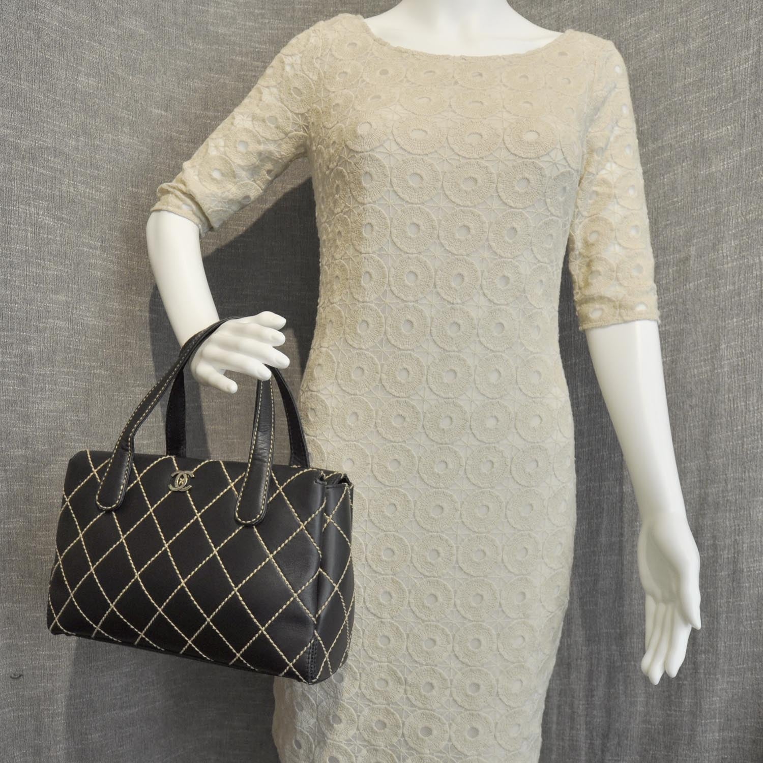 Chanel Leather Quilted Contrast Stitch Surpique Handbag Black 2 of 10