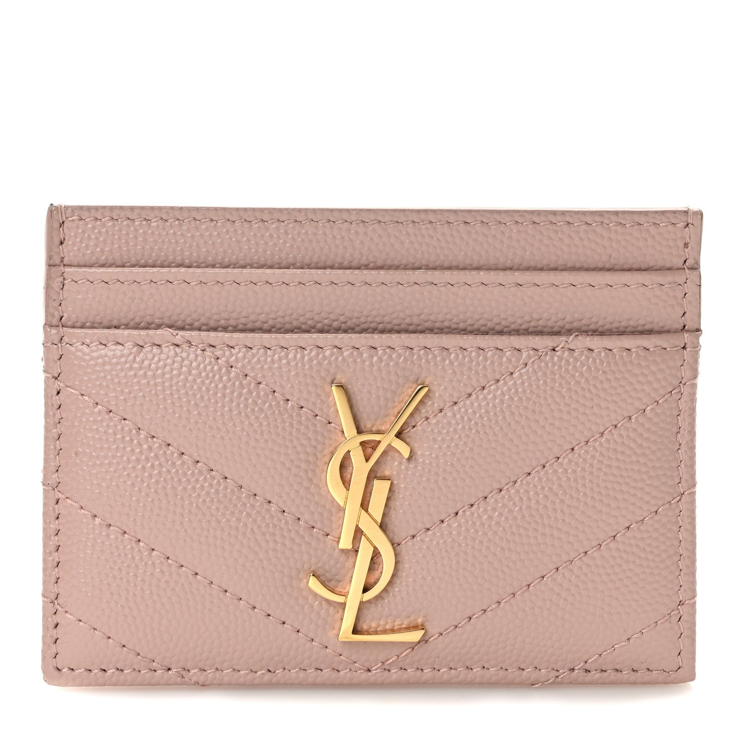 Saint Laurent Grain De Poudre Matelasse Chevron Monogram Credit Card Case Pale Pink 1 of 7