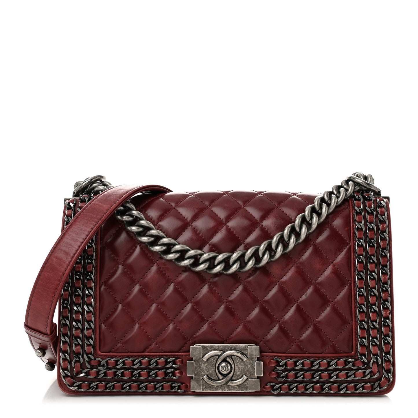 Glazed Calfskin Quilted Medium Boy Chained Flap Bordeaux