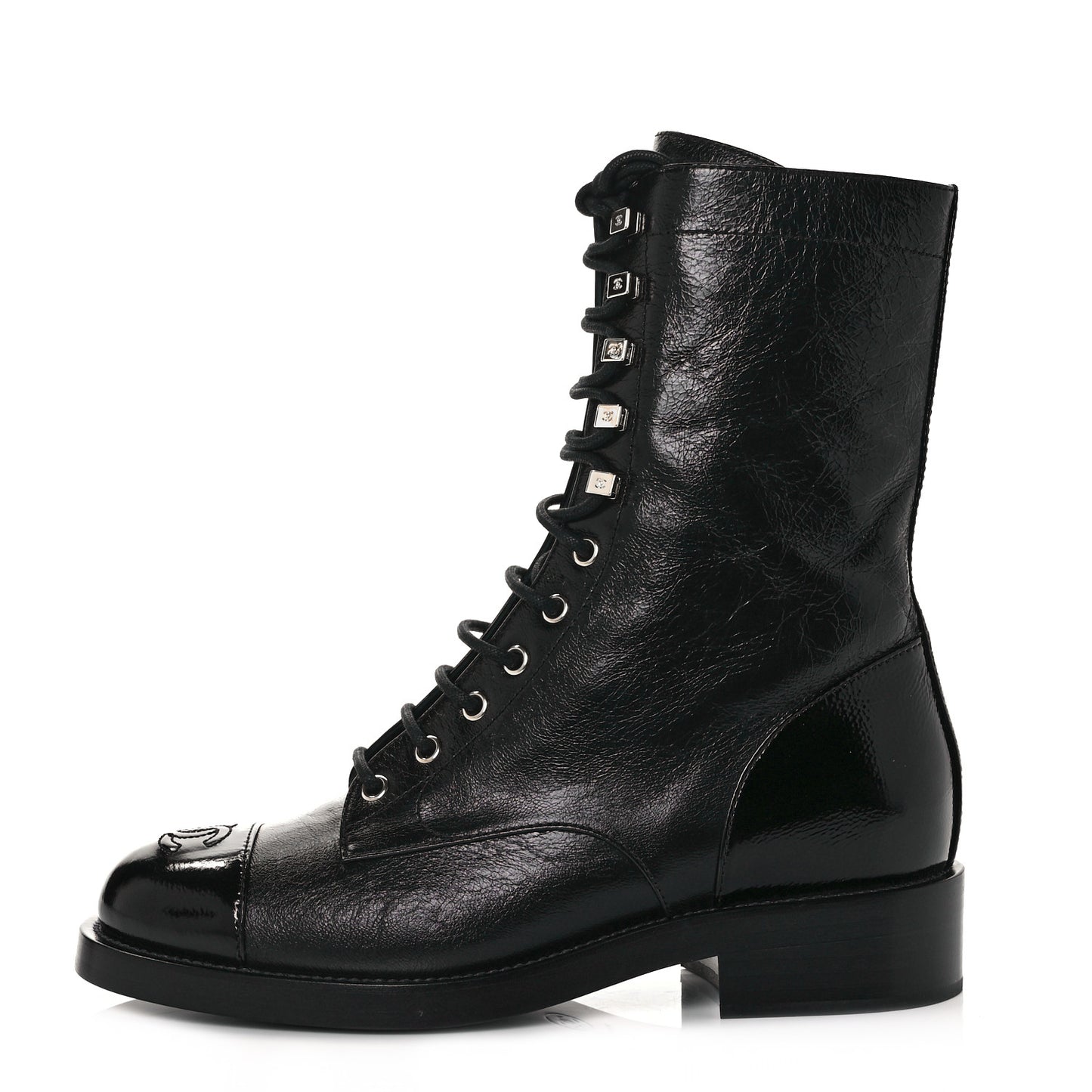 Crumpled Lambskin Shiny Calfskin Lace Up Combat Boots 39 Black