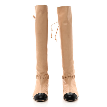 Chanel Lambskin Lace Up Cap Toe High Boots 37 Beige Black 2 of 12
