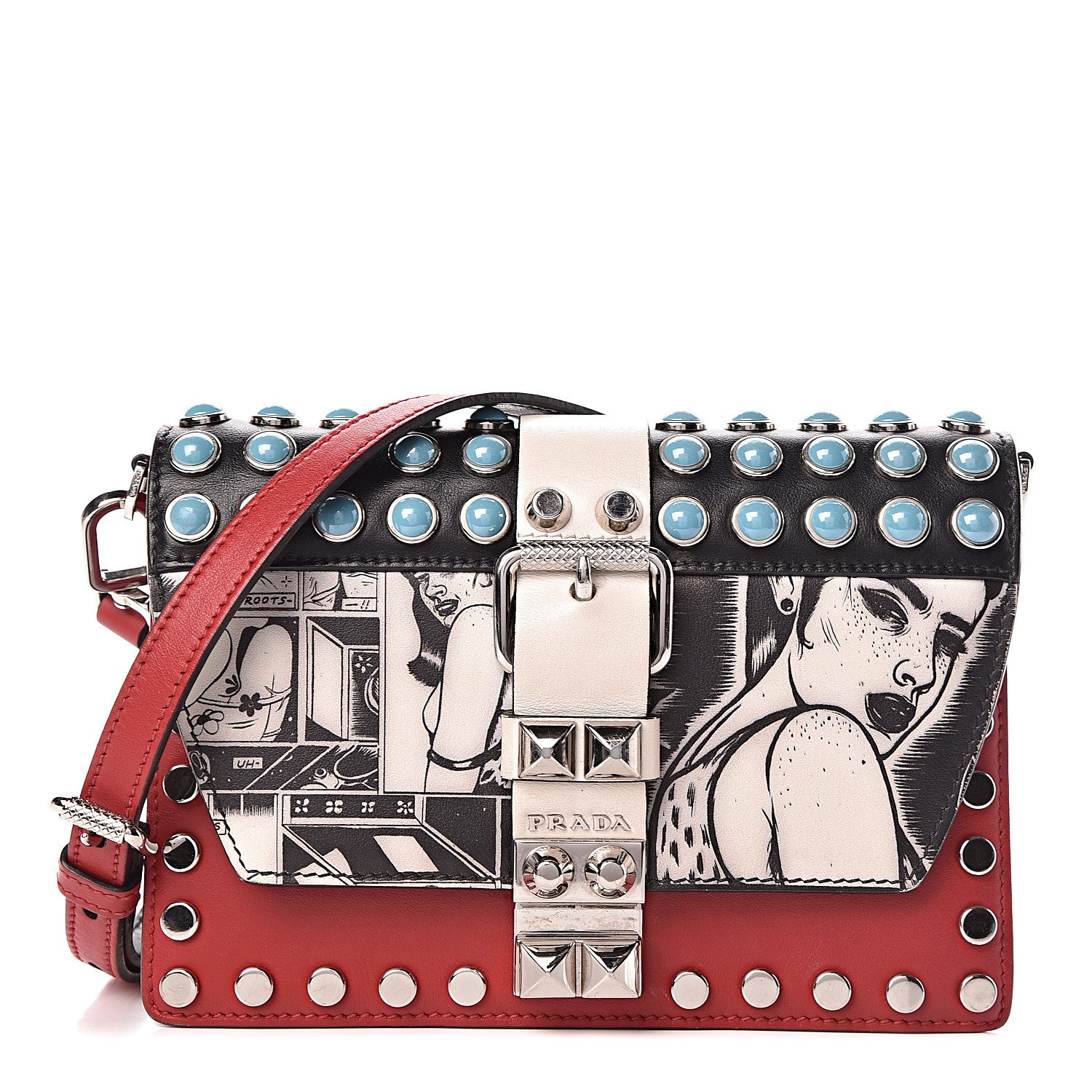 Prada City Calfskin Comic Print Studded Elektra Shoulder Bag Fuoco Black 1 of 12