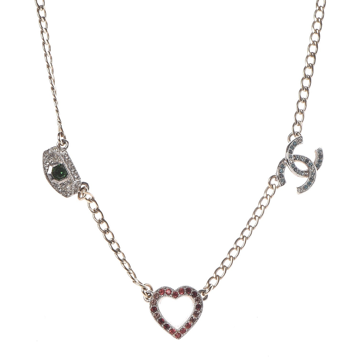 Chanel Crystal Eye Heart CC Charm Necklace Gold Silver 1 of 6