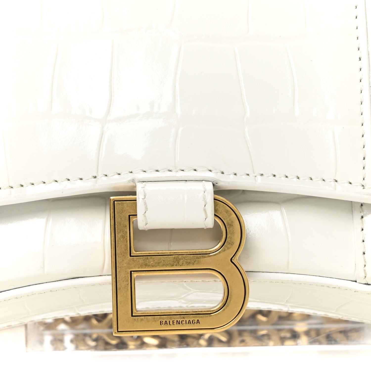 Balenciaga Shiny Calfskin Crocodile Embossed Hourglass Chain Bag White 7 of 9