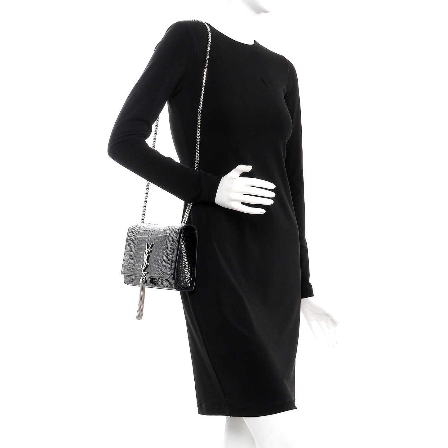 Calfskin Crocodile Embossed Medium Classic Monogram Kate Tassel Satchel Black