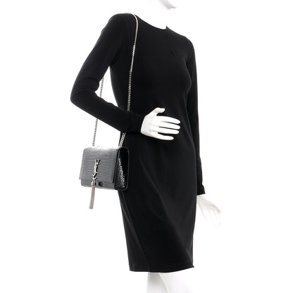 Saint Laurent Calfskin Crocodile Embossed Medium Classic Monogram Kate Tassel Satchel Black 2 of 7