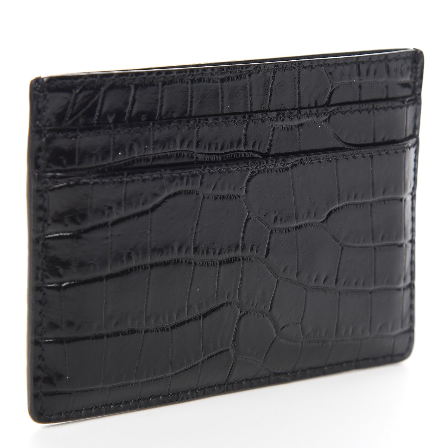 Saint Laurent Calfskin Crocodile Embossed Monogram Credit Card Case Black 3 of 9