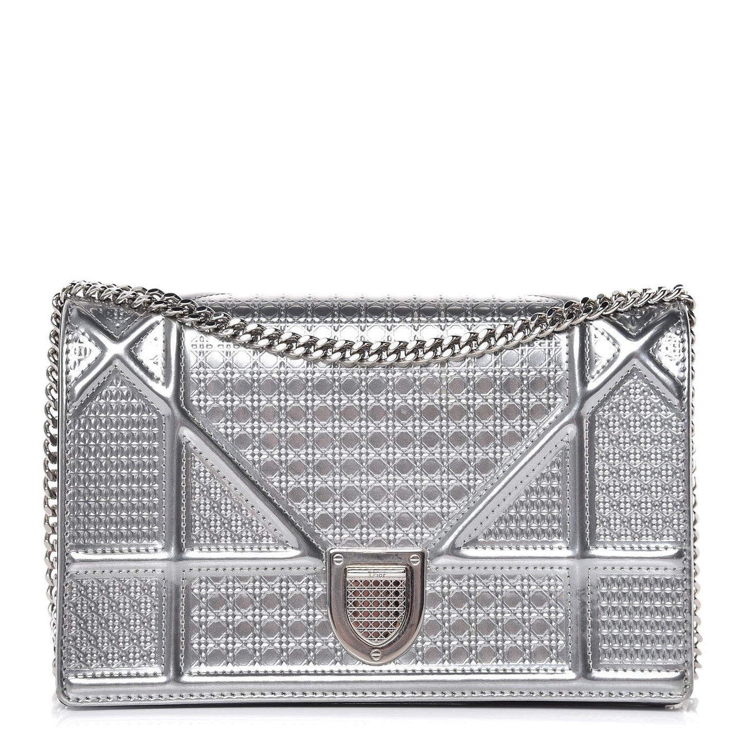 Metallic Patent Micro-Cannage Diorama Wallet on Chain Pouch Silver