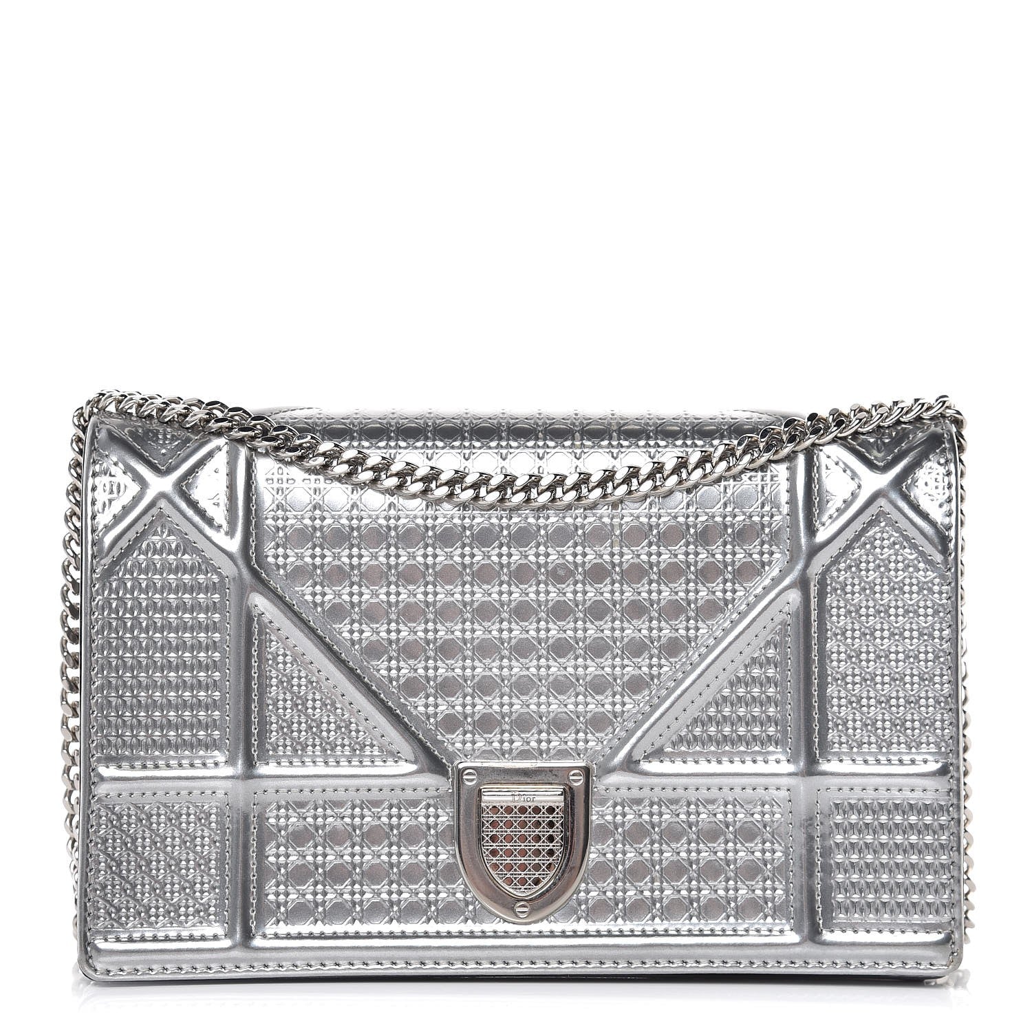 Christian Dior Metallic Patent Micro-Cannage Diorama Wallet on Chain Pouch Silver 1 of 8
