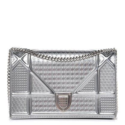 Christian Dior Metallic Patent Micro-Cannage Diorama Wallet on Chain Pouch Silver 1 of 8