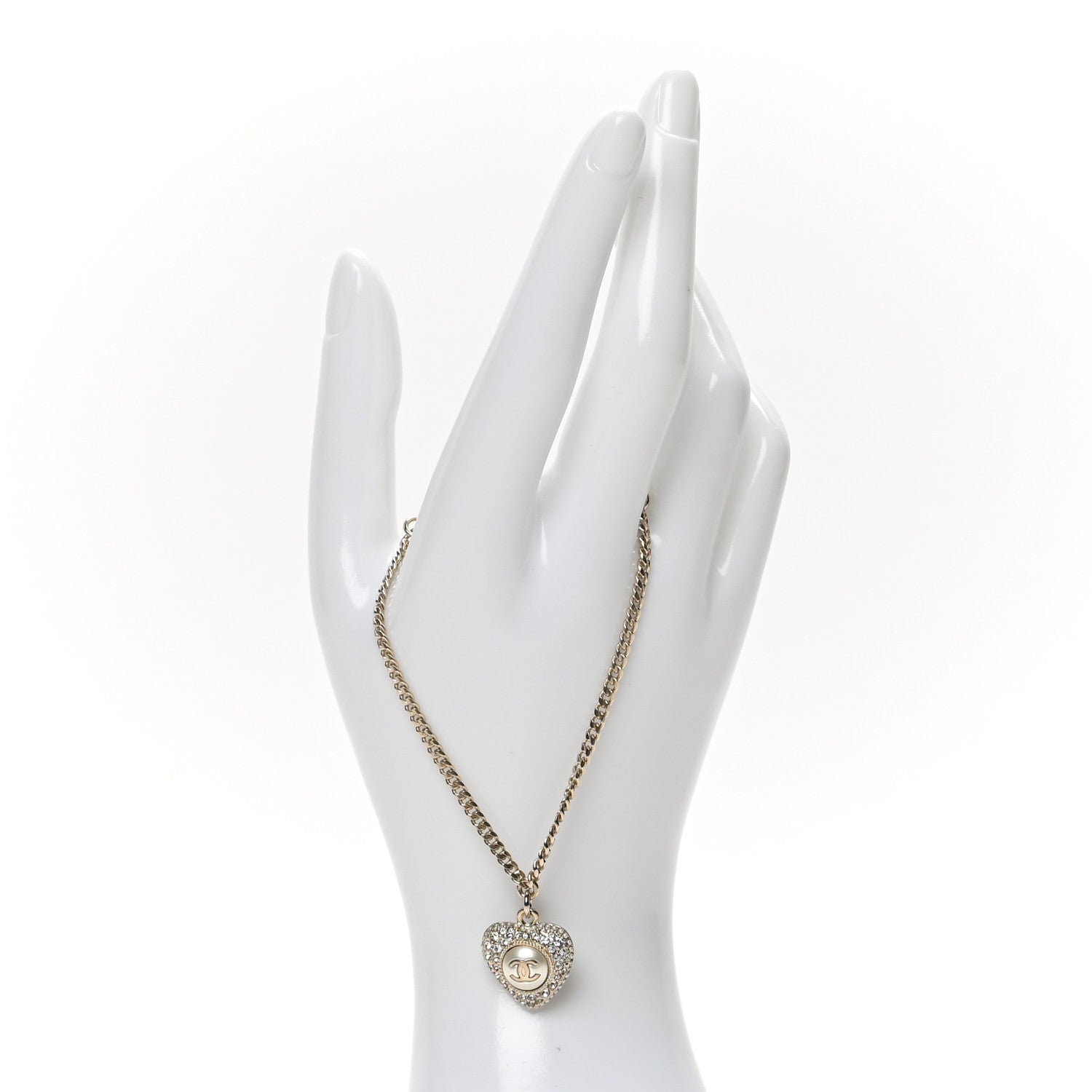 Chanel Crystal Pearl Chain Heart Bracelet Gold 2 of 5