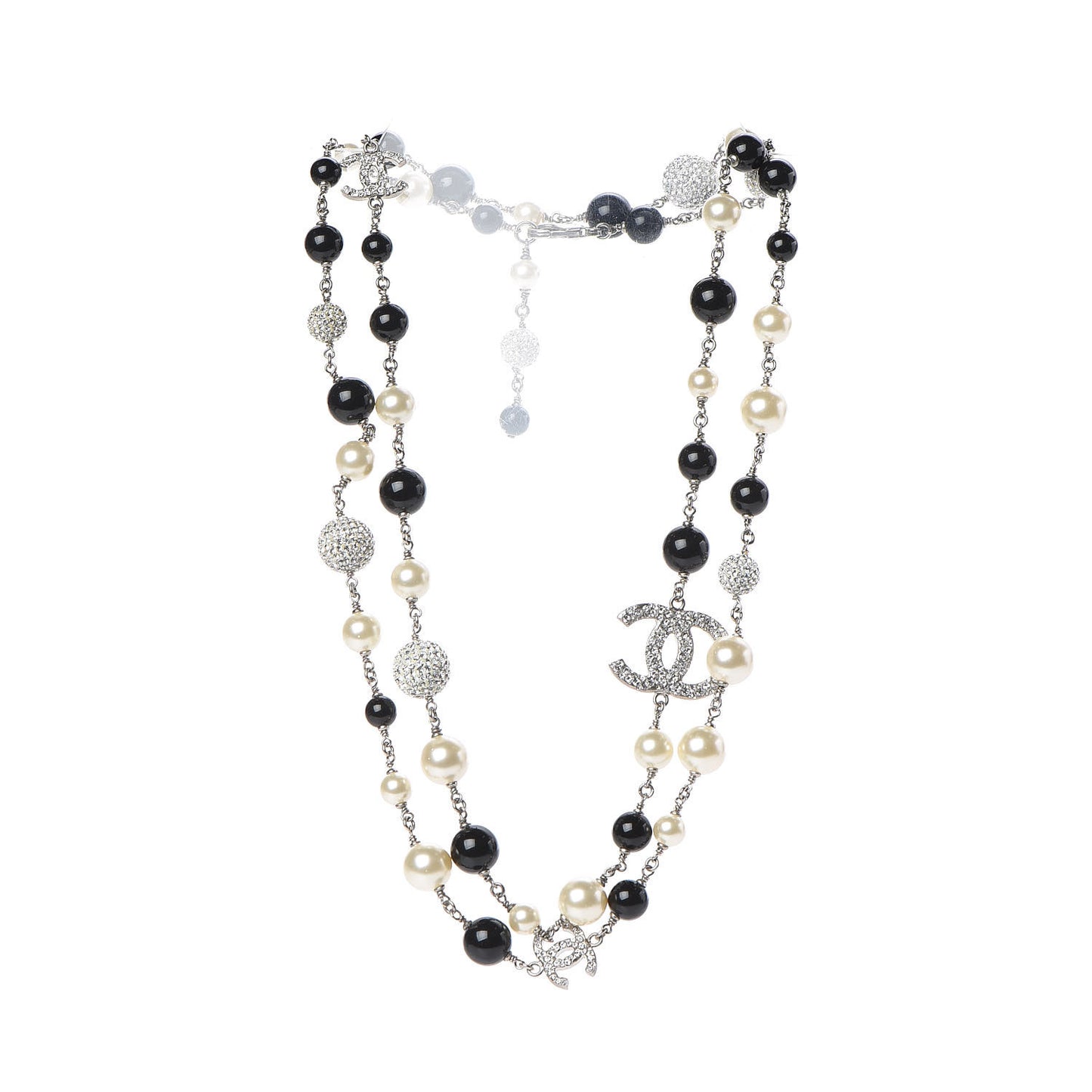Pearl Crystal Bead CC Long Necklace Silver Black