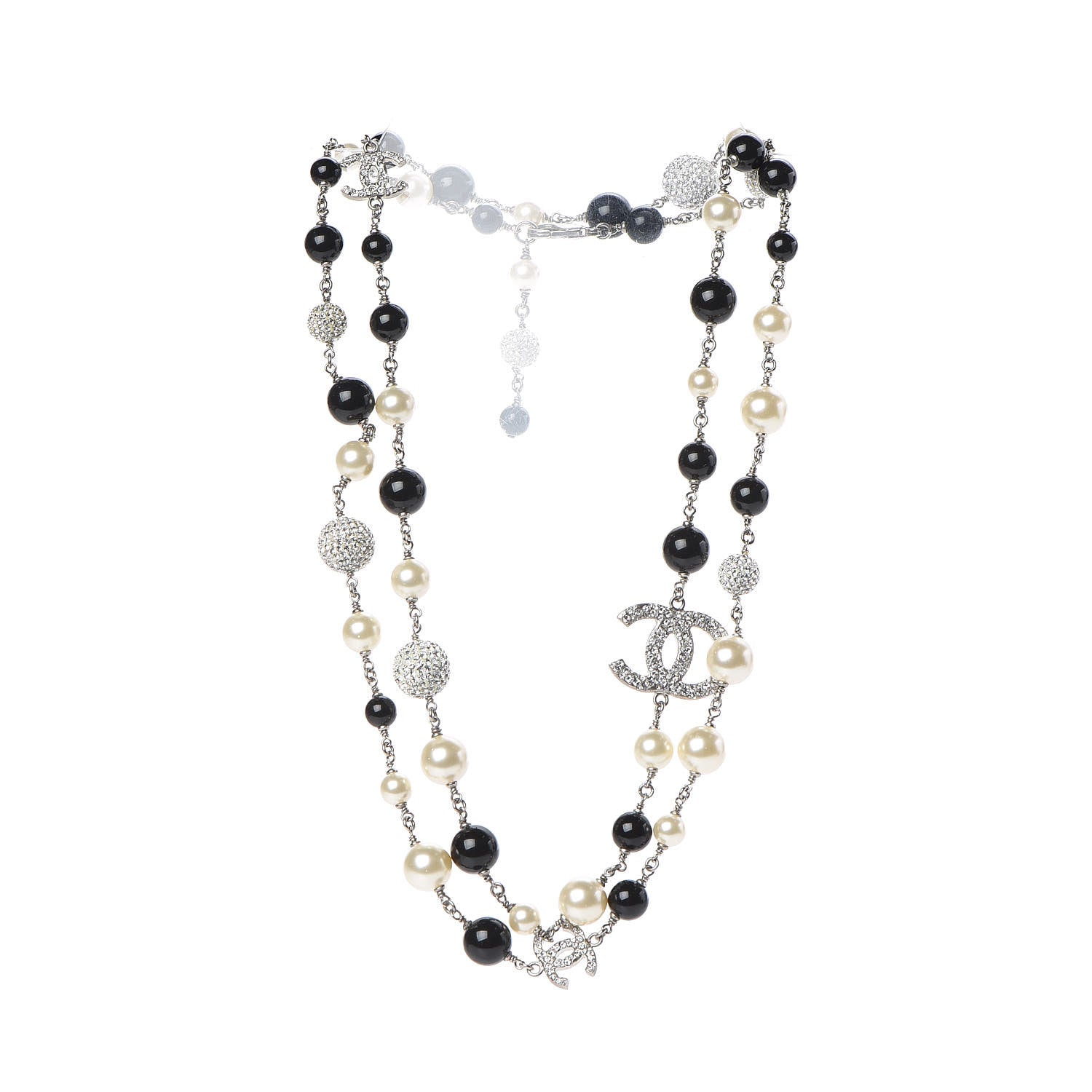 Chanel Pearl Crystal Bead CC Long Necklace Silver Black 3 of 4