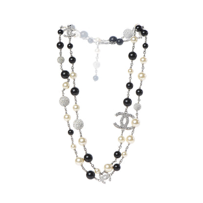 Chanel Pearl Crystal Bead CC Long Necklace Silver Black 3 of 4