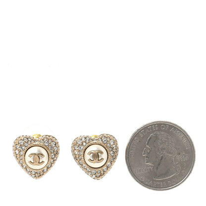 Chanel Pearl Crystal CC Heart Earrings Gold White 2 of 4