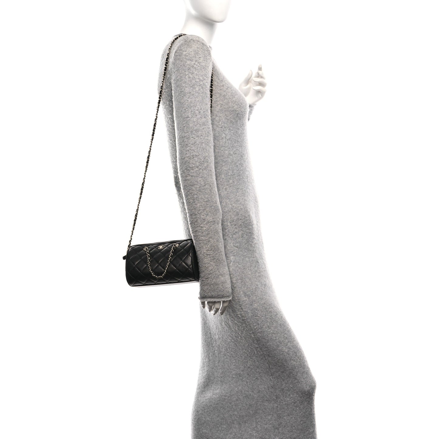 Caviar Quilted Barrel Clutch With Chain Black