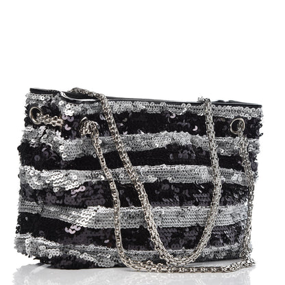Chanel Sequin Striped Mademoiselle Tote Black Silver 4 of 9