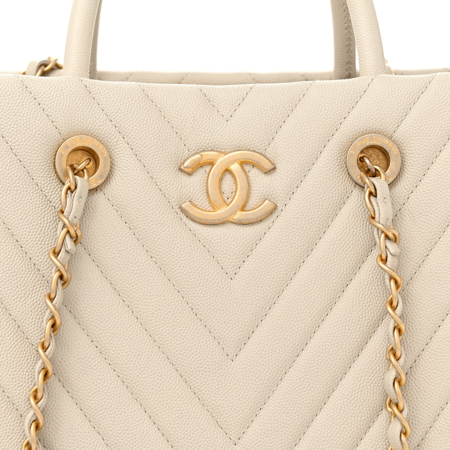 Chanel Caviar Chevron Quilted Coco Handle Shopping Tote Ivory 9 of 13