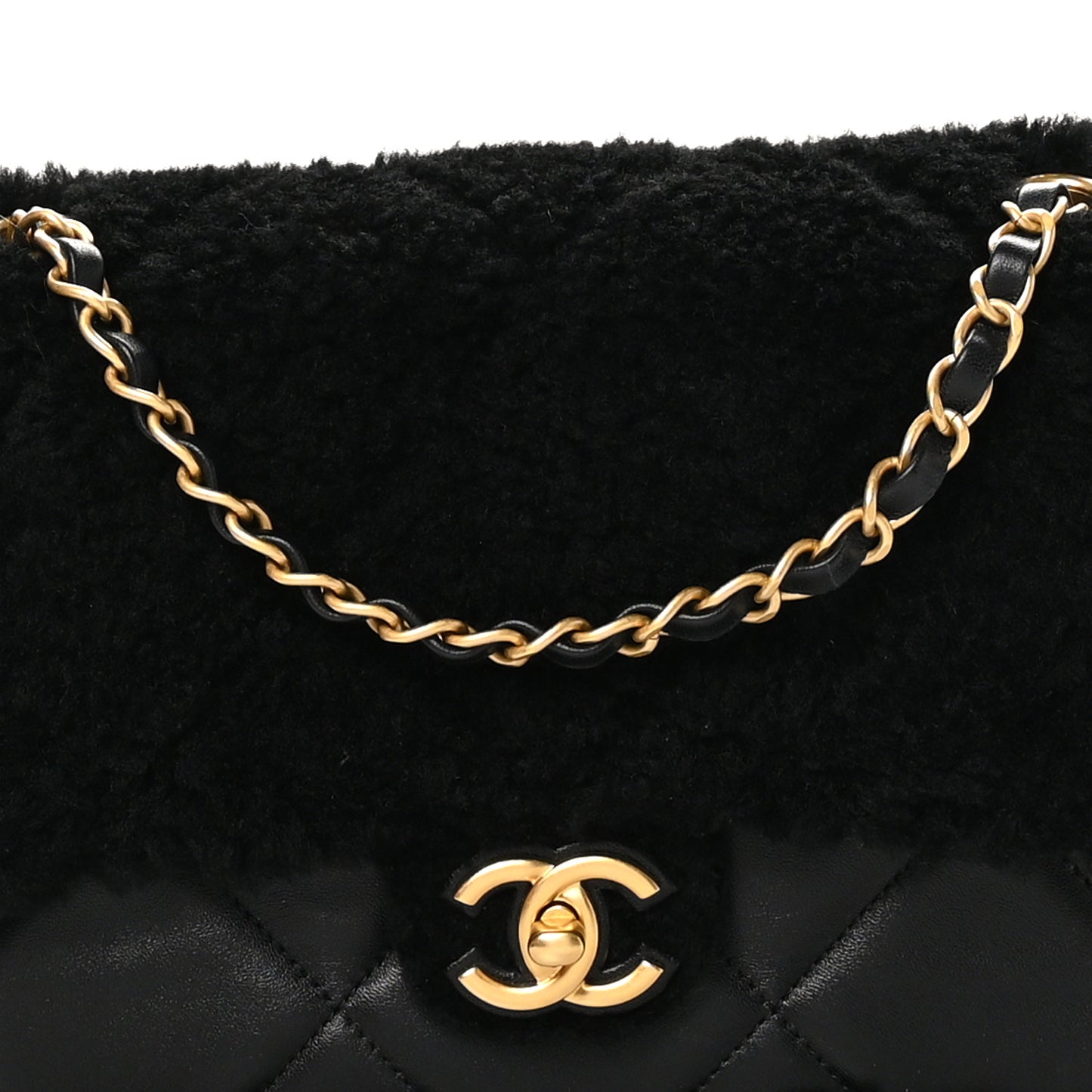 Shearling Lambskin Quilted Furry Coco Flap Black