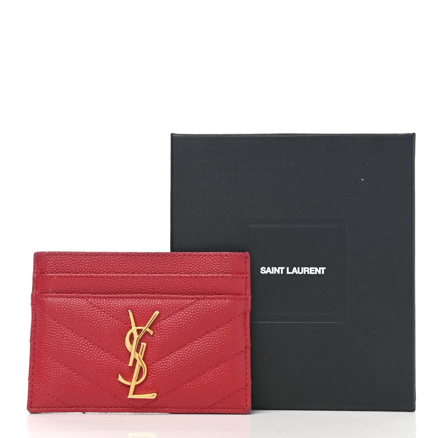 Saint Laurent Grain De Poudre Matelasse Chevron Monogram Credit Card Case Rouge Eros 9 of 9