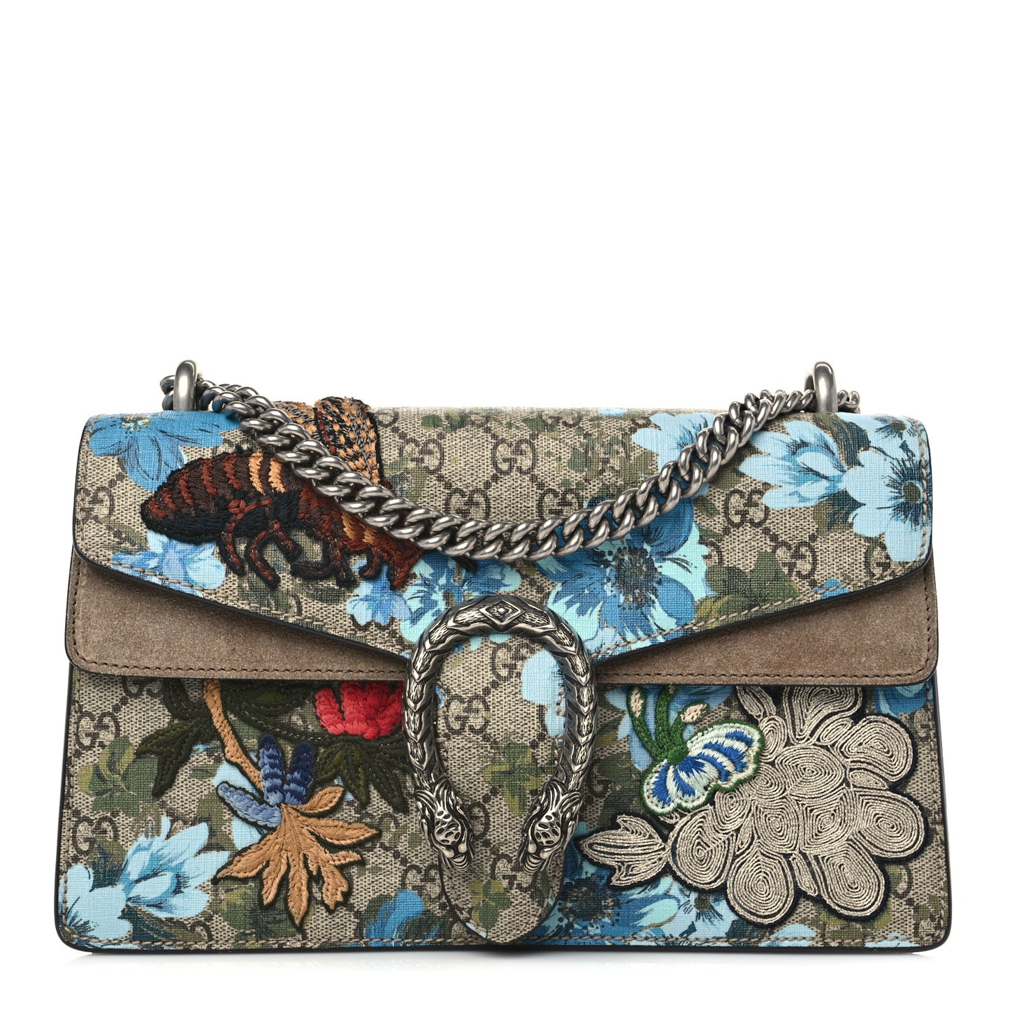 GG Supreme Monogram Blooms Print Embroidered Small Dionysus Shoulder Bag Blue Taupe