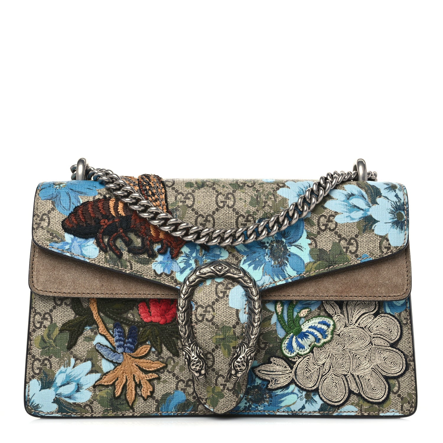 Gucci GG Supreme Monogram Blooms Print Embroidered Small Dionysus Shoulder Bag Blue Taupe 1 of 13
