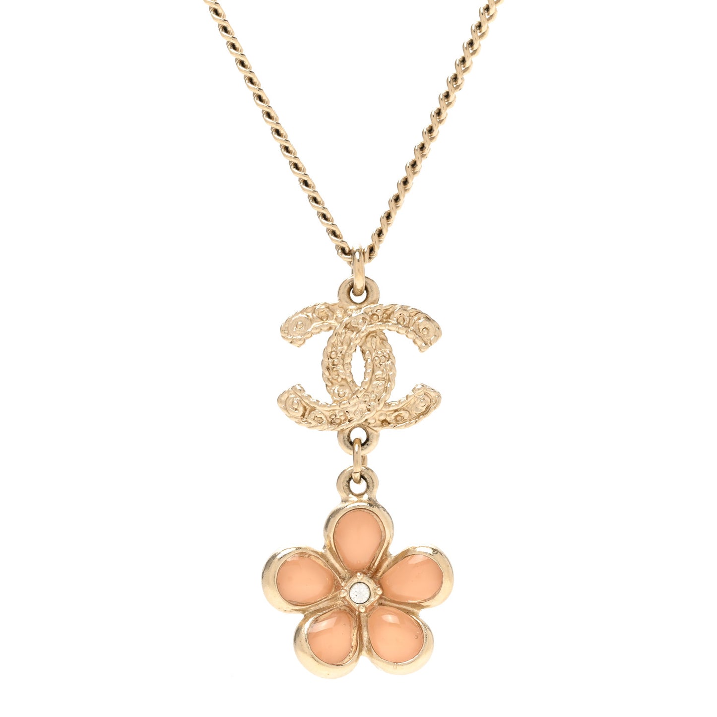 Enamel Crystal CC Camellia Pendant Necklace Beige Gold