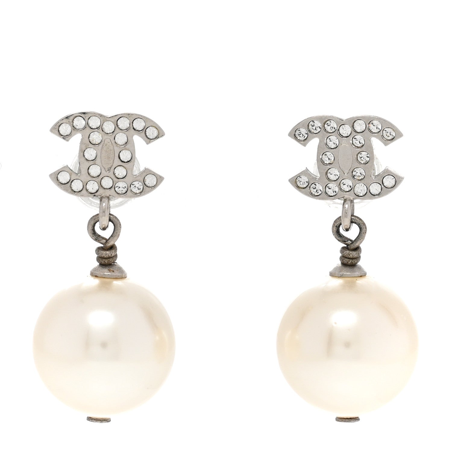 Chanel Crystal Pearl CC Drop Earrings Silver Pearly White 1 of 6