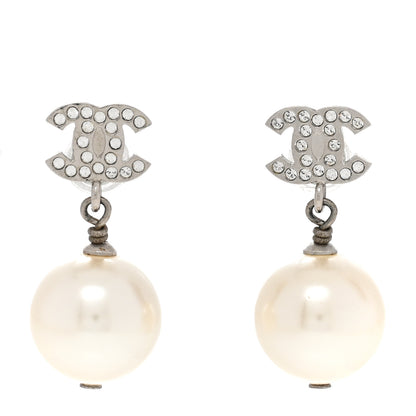 Chanel Crystal Pearl CC Drop Earrings Silver Pearly White 1 of 6