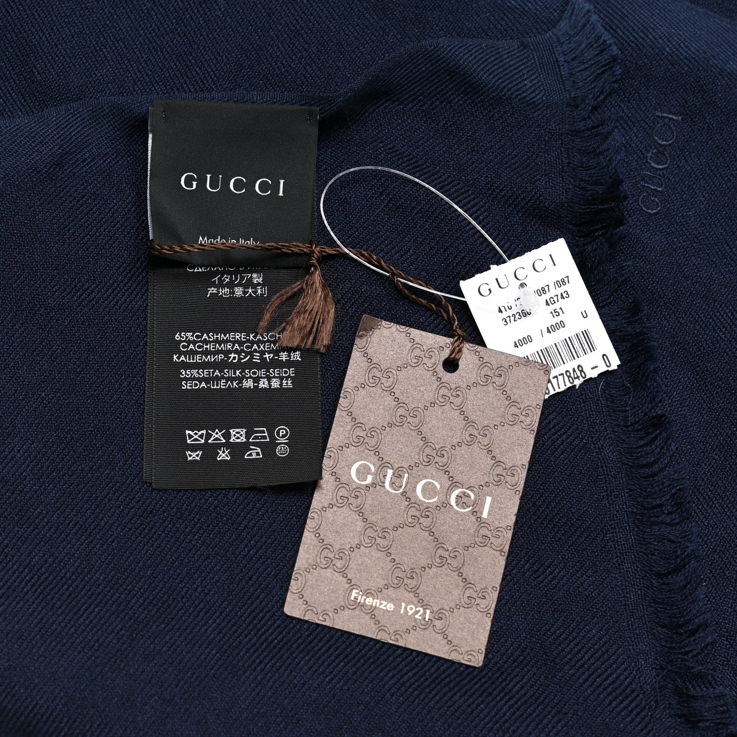 Gucci Cashmere Silk GG Monogram Fringe Scarf Midnight Blue 5 of 5