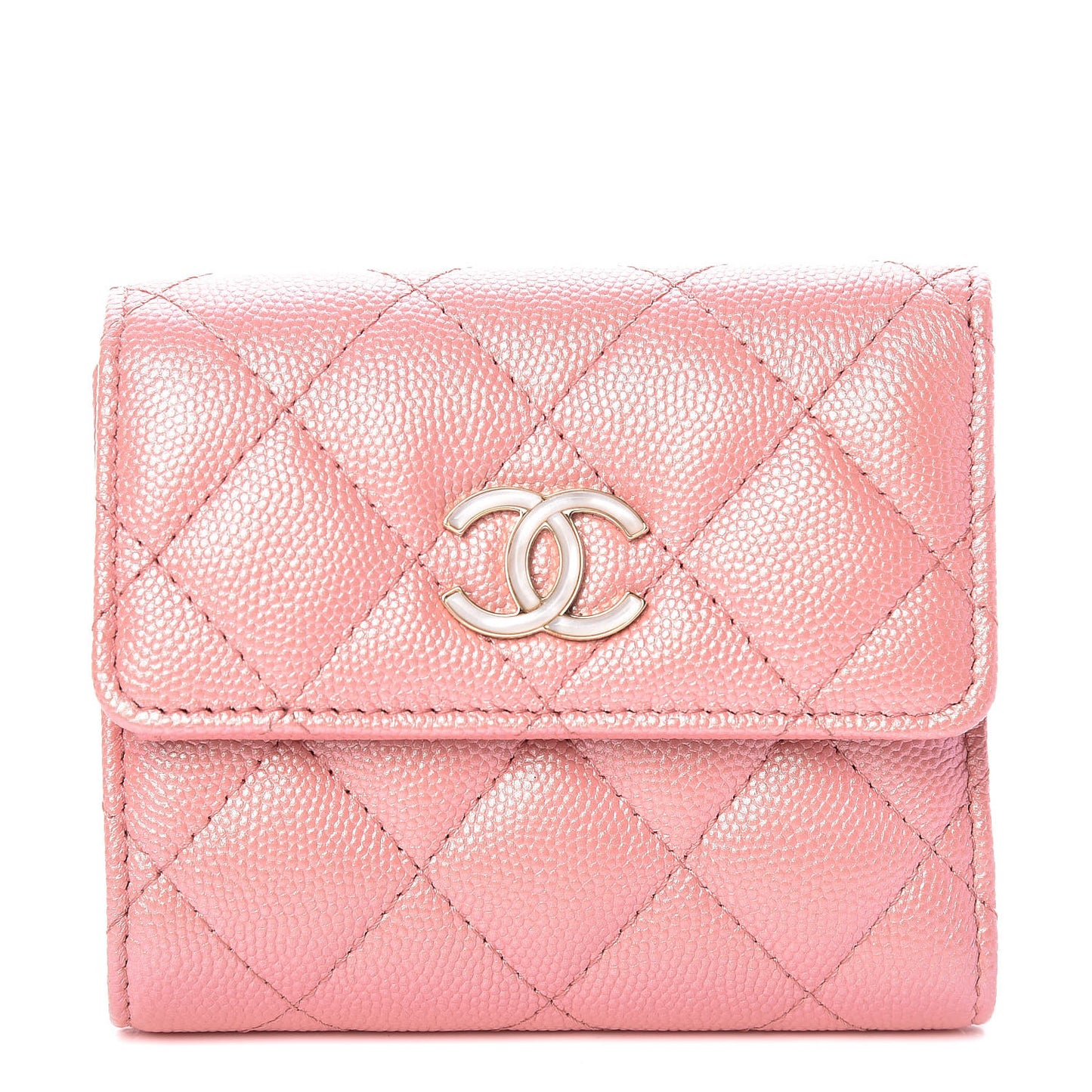 Iridescent Caviar Quilted Small Flap Wallet Rose Pink