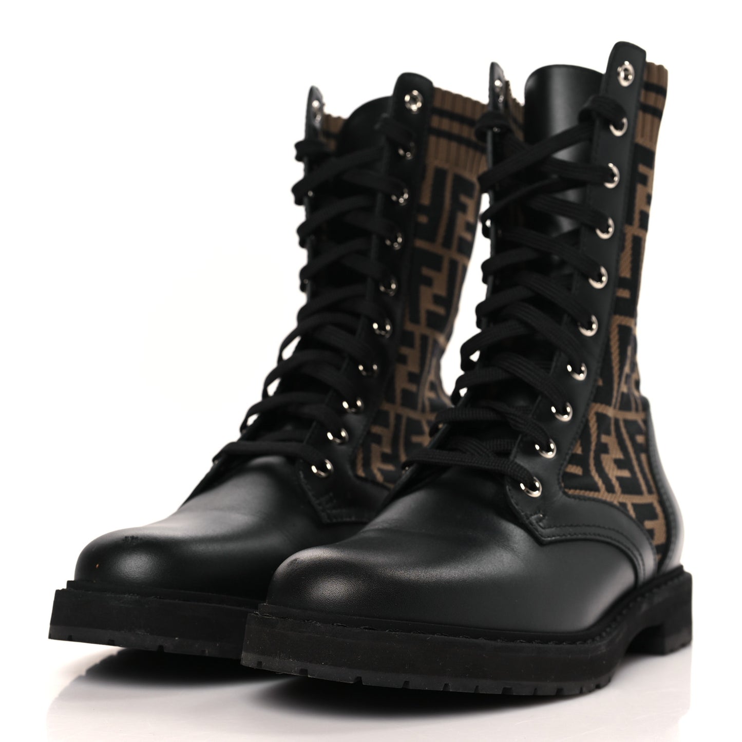 Calfskin Stretch Fabric FF Rockoko Biker Boots 38.5 Black Tobacco