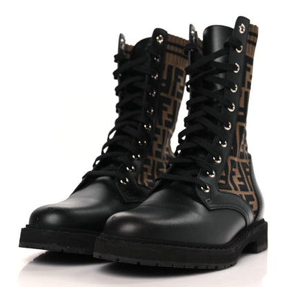 Fendi Calfskin Stretch Fabric FF Rockoko Biker Boots 38.5 Black Tobacco 3 of 8