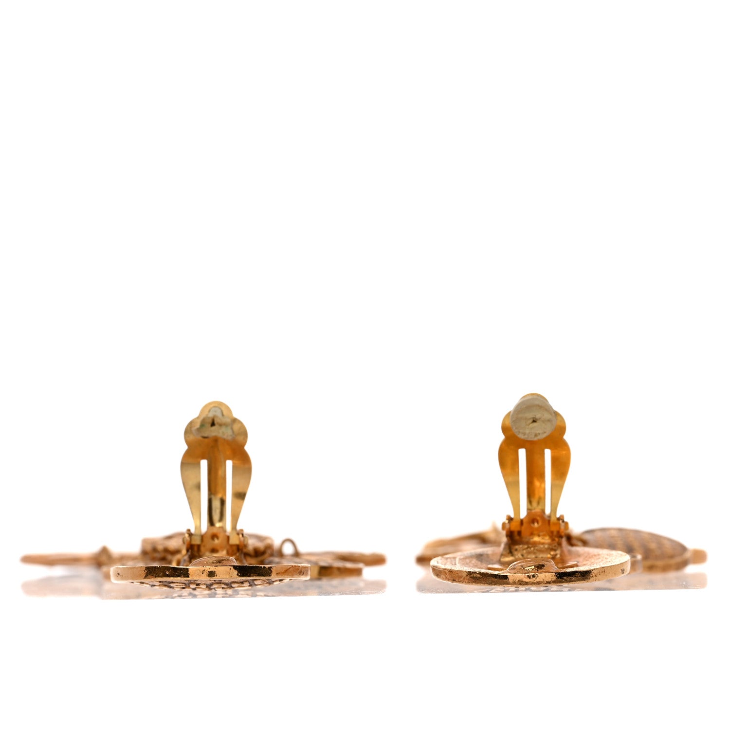 Chanel Hammered Medallion CC Dangle Clip On Earrings Gold 3 of 4