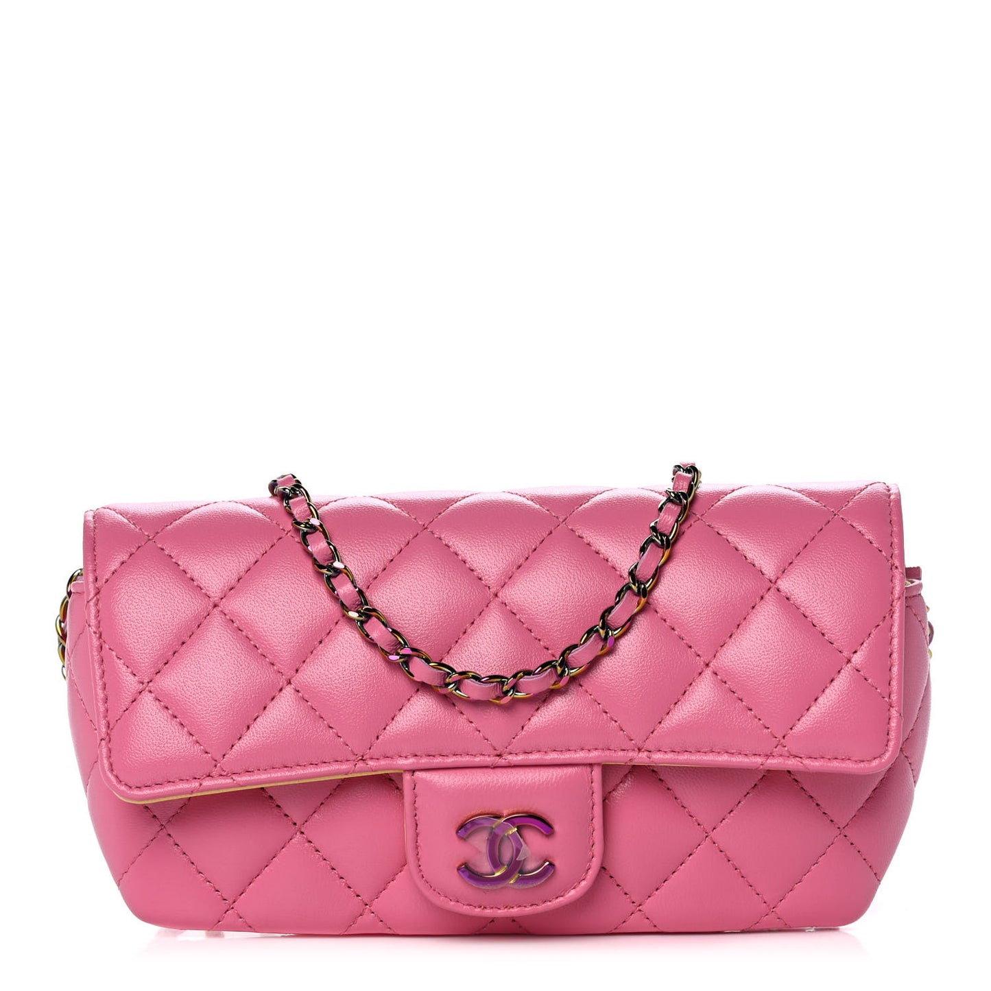 Lambskin Quilted Glasses Case With Chain Pink Yellow