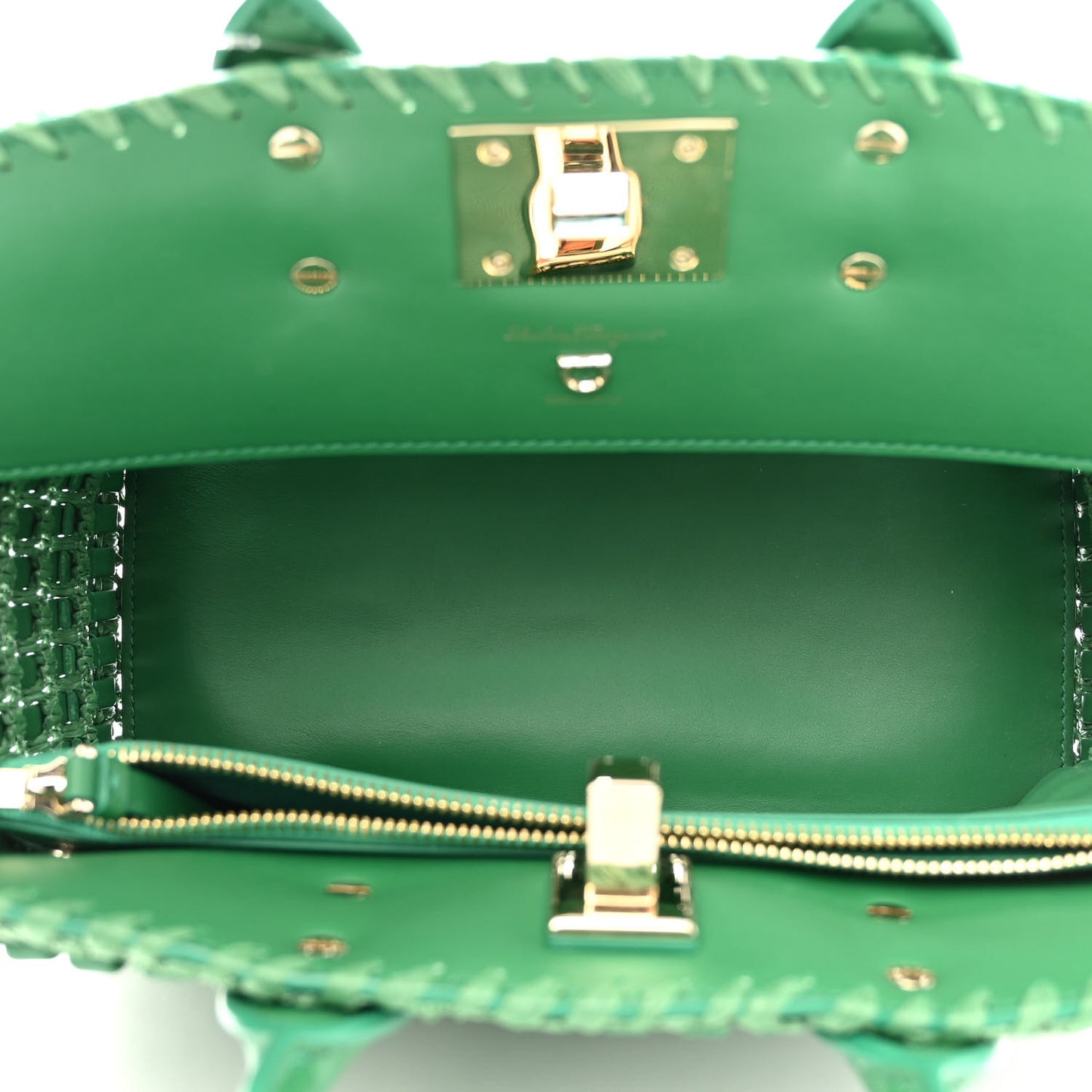 Raffia Calfskin The Studio Box Tote Smeraldo
