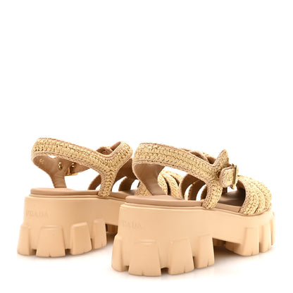 Prada Yarn Raffia Effect Metal Triangle Logo Crochet Monolith 55mm Cage Sandals 40 Naturale 5 of 7