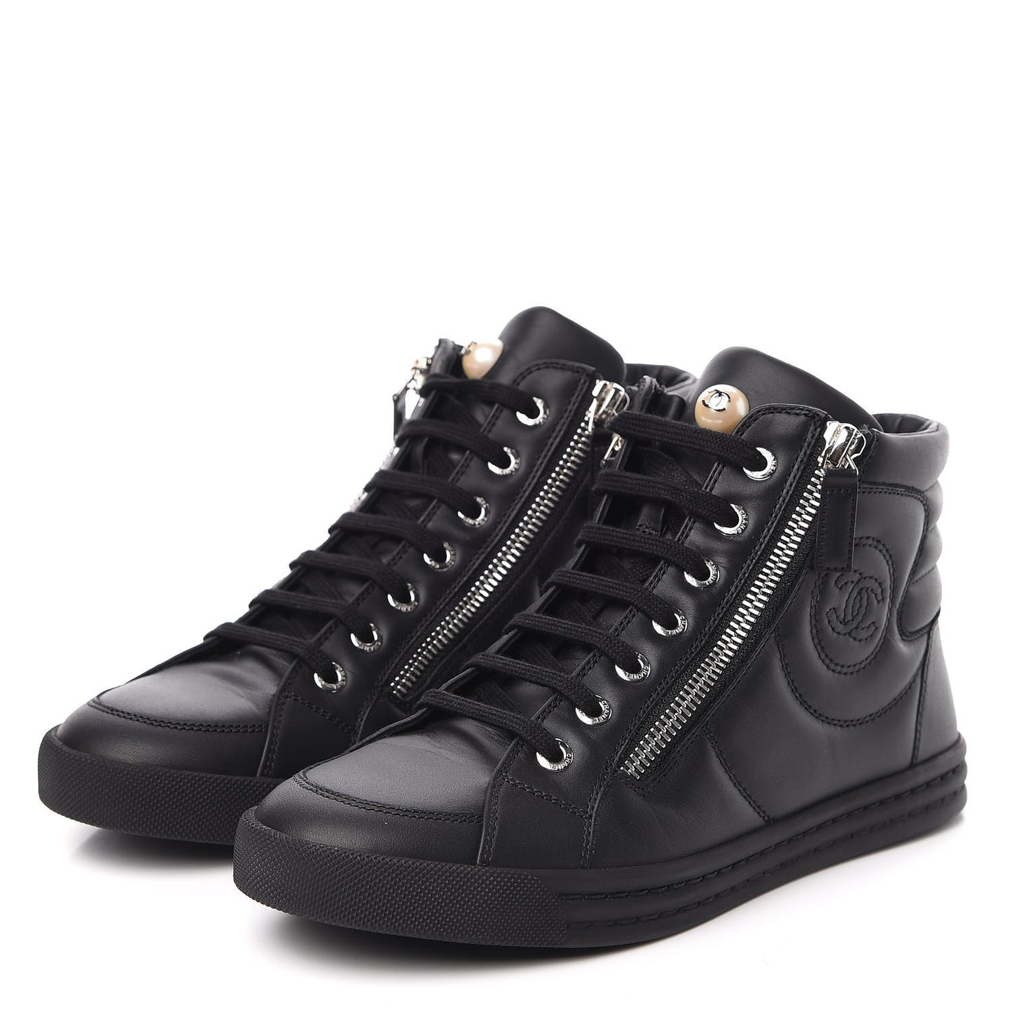 Calfskin Pearl High Top CC Sneakers 36.5 Black