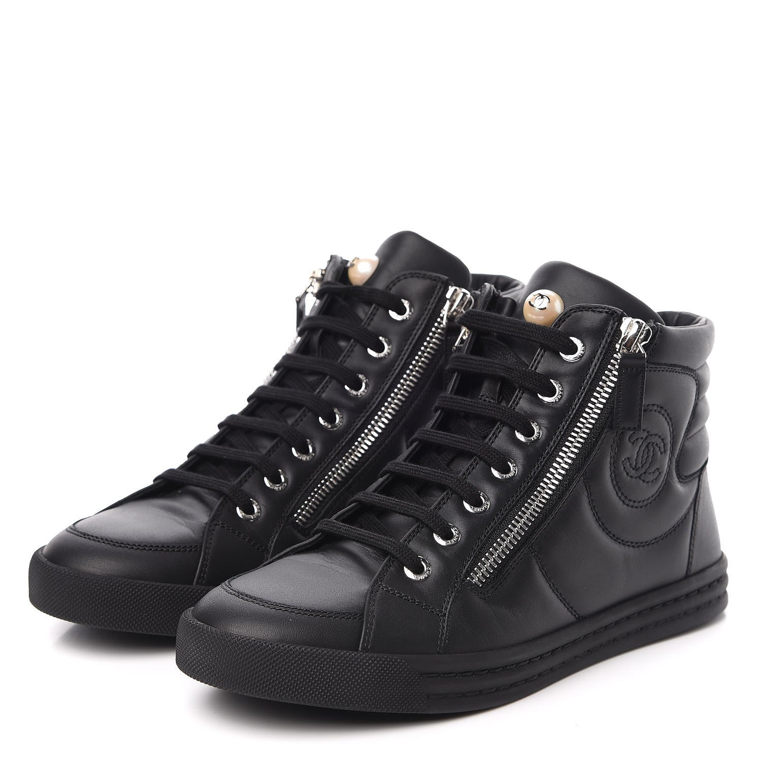 Chanel Calfskin Pearl High Top CC Sneakers 36.5 Black 3 of 10