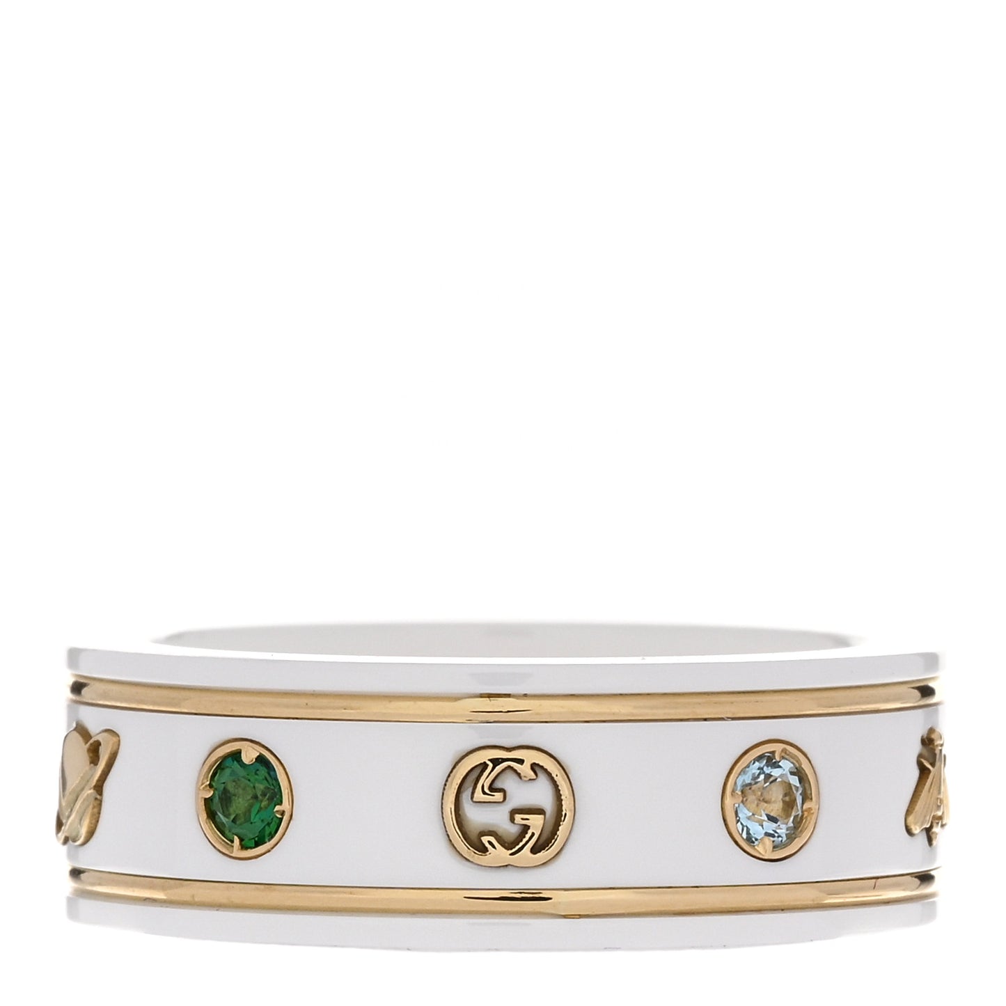 18K Yellow Gold Ceramic Topaz Icon Band Ring 54 7 White