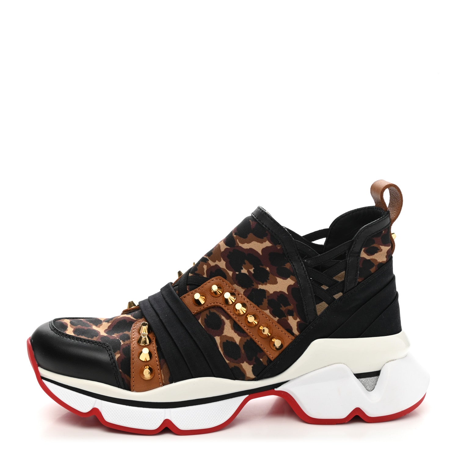 Christian Louboutin Calfskin Neoprene Leopard Studded Donna Flat Sneakers 35.5 Black Marron 1 of 10