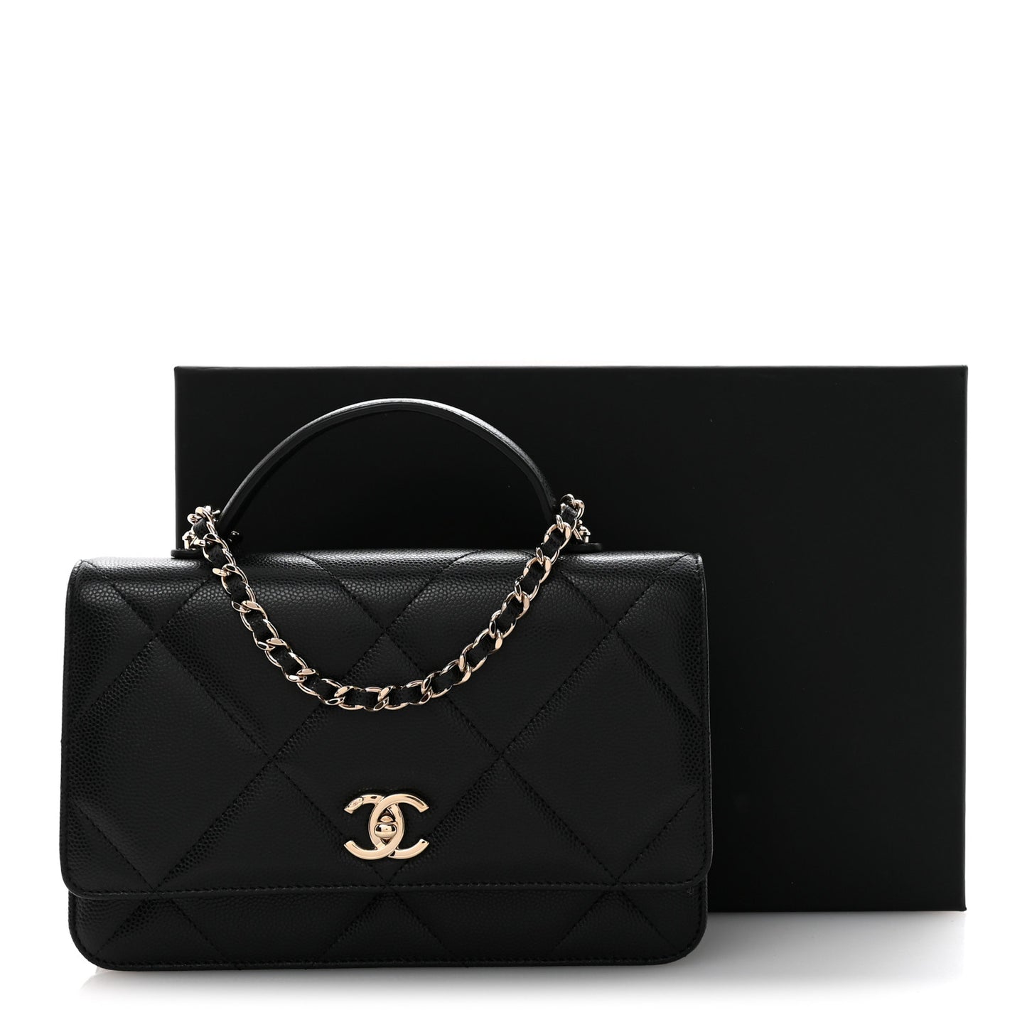Shiny Caviar Quilted Turnlock Top Handle Wallet On Chain WOC Black