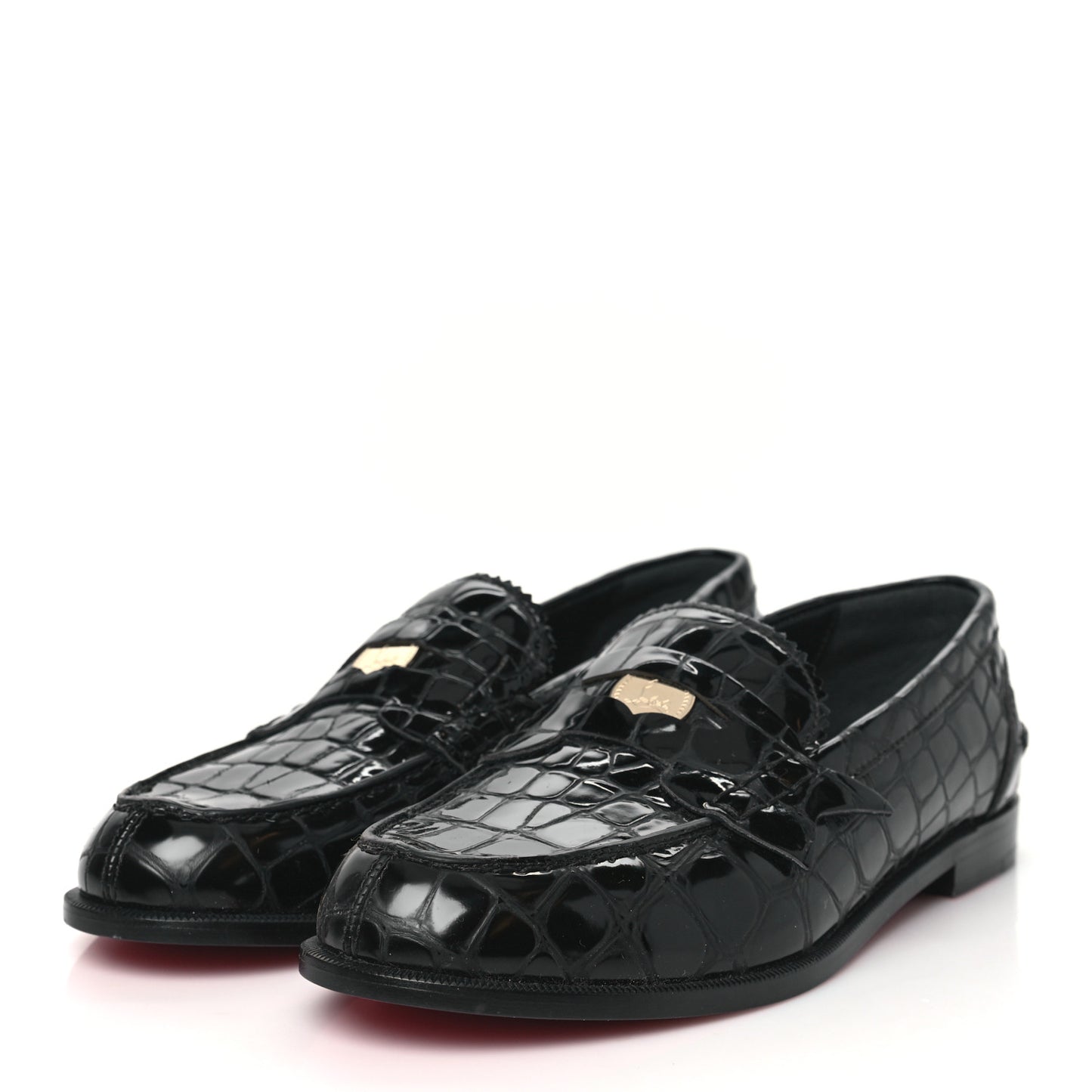 Patent Crocodile Embossed Flat Penny Loafers 37 Black