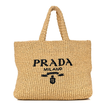 Prada Yarn Raffia Effect Crochet Embroidered Logo Tote Naturale 1 of 15
