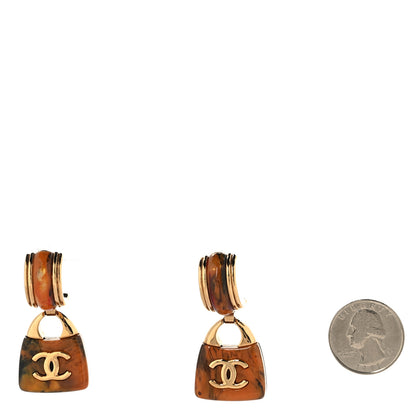Chanel Metal Resin Marbled Enamel Handbag CC Drop Earrings  Gold Orange Black Red 2 of 4