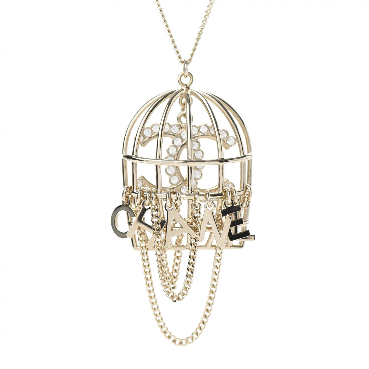 Metal Crystal Logo Bird Cage Necklace Gold