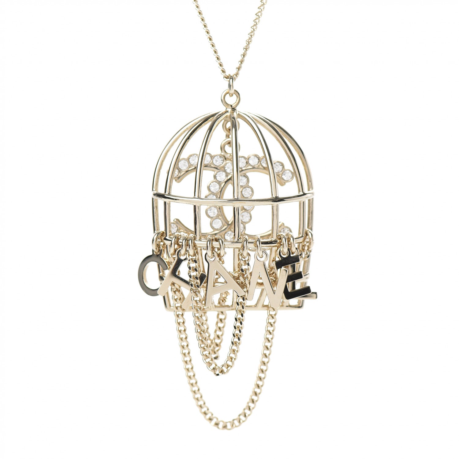 Chanel Metal Crystal Logo Bird Cage Necklace Gold 4 of 6