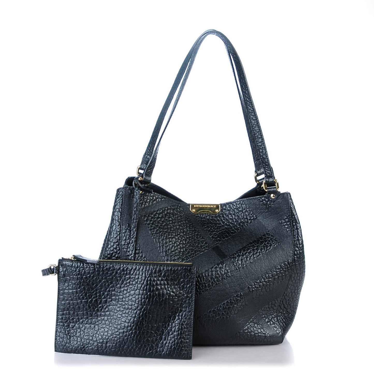 Signature Grain Calfskin Check Embossed Small Canter Tote Black